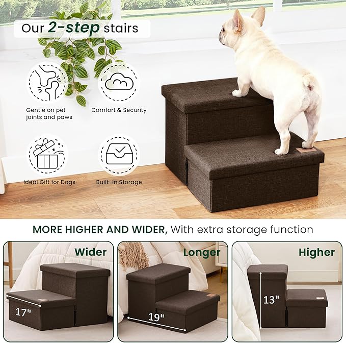 Love's cabin Dog Stairs with Storage 13" H, Foldable Pet Stairs for Small Medium or Large Dogs, Cat Puppy Steps Ramp with Zip up to 150 lbs, Coffee, 2 Steps