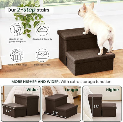 Love's cabin Dog Stairs with Storage 13" H, Foldable Pet Stairs for Small Medium or Large Dogs, Cat Puppy Steps Ramp with Zip up to 150 lbs, Coffee, 2 Steps