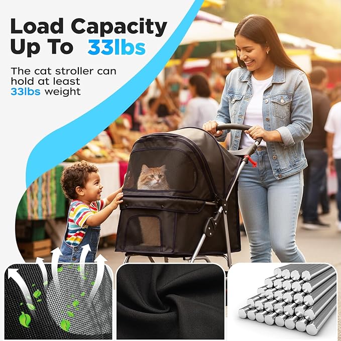 BestOffice Pet Stroller for Small Medium Dogs & Cats, 3-Wheel Foldable Dog Stroller with Cup Holder, Lightweight Travel Carrier, Waterproof Design for Outdoor Walks, Black