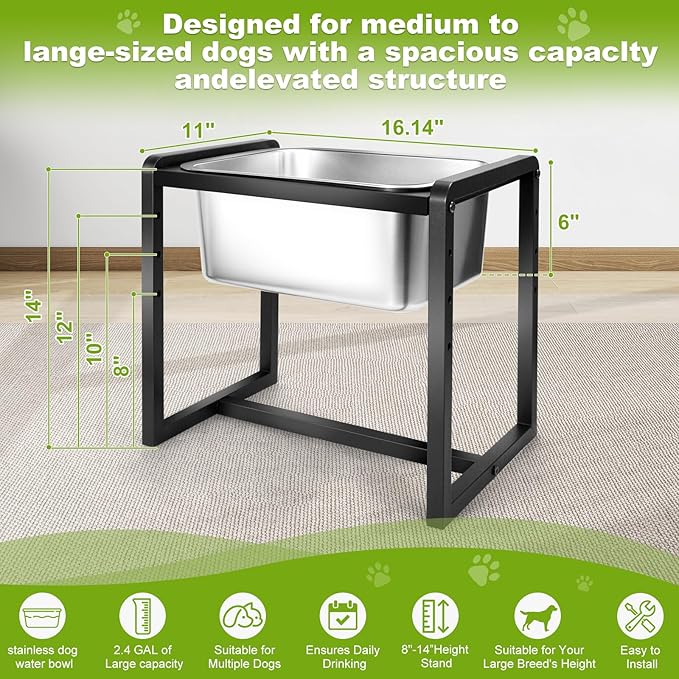 Adjustable Height Elevated Large Dog Water Bowls with Stainless Steel Bowls and Metal Stand，4-Level (8/10/12/14 Inches) Pet Bowl for Dogs for Large Medium Dogs - Durable, Easy to Clean (2.4gallon)