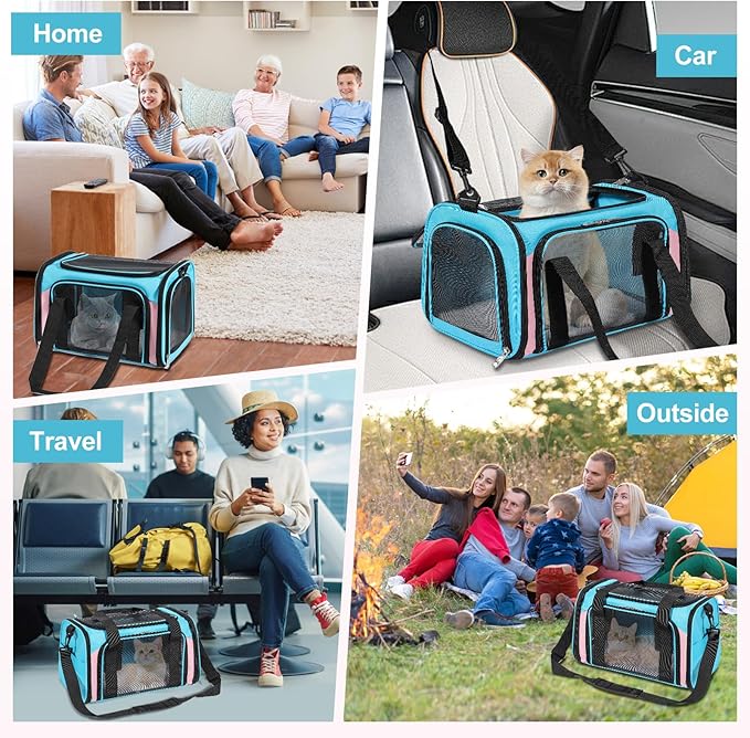 Discala Cat Dog Carrier Up to 15 Lbs TSA Airline Approved Pet Carrier for Small Medium Cats Puppies Dog Carriers for Small Dogs Collapsible Soft Sided Cat Travel Carrier - Blue&Pink 17"x11"x11"