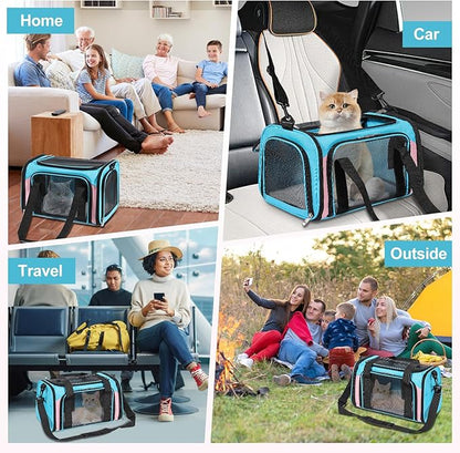 Discala Cat Dog Carrier Up to 15 Lbs TSA Airline Approved Pet Carrier for Small Medium Cats Puppies Dog Carriers for Small Dogs Collapsible Soft Sided Cat Travel Carrier - Blue&Pink 17"x11"x11"