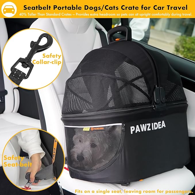 PAWZIDEA Portable Small Dog Crate for Car Travel up 33lbs, Enclosed Dog Car Seat Soft-Sided, Escape-Proof Reversible No-Zip Canopy, Foldable Pet Carrier Seatbelt for Small Medium Puppies & Cats Kennel