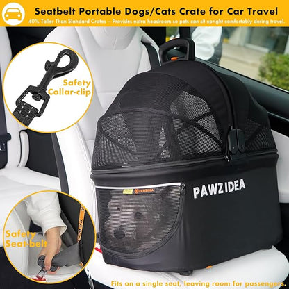 PAWZIDEA Portable Small Dog Crate for Car Travel up 33lbs, Enclosed Dog Car Seat Soft-Sided, Escape-Proof Reversible No-Zip Canopy, Foldable Pet Carrier Seatbelt for Small Medium Puppies & Cats Kennel