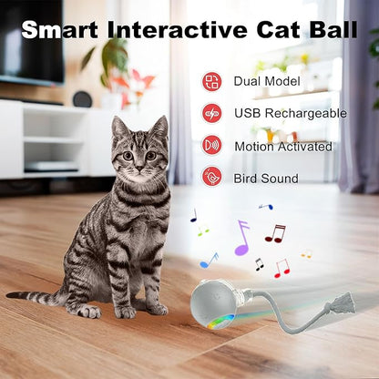 Quibron Interactive Cat Ball Toy with Flashing Lights & Bird Sounds - Multi-Surface Adaptive Roller, USB Rechargeable Motion-Activated Cat Teaser for Indoor Cats, Smart Enrichment Gift (Grey)