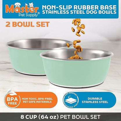Master Pet Supply Stainless Steel Dog Bowls Set of 2 (64 Oz Each) with Non-Slip Rubber Base - Pistachio - Basic Dog Food Bowl Water & Food Bowls for Small Medium Large Dogs & Cats, Metal Dish