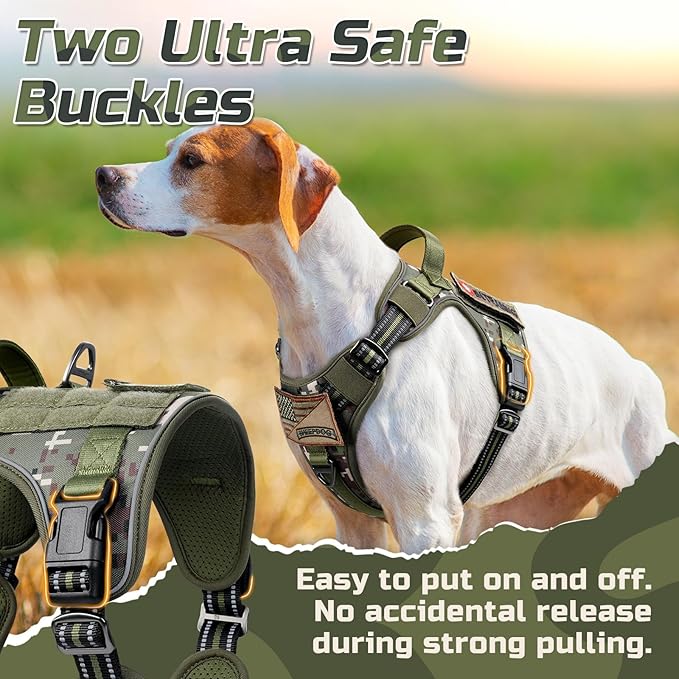 rabbitgoo Tactical Dog Harness for Large Dogs, No Pull Military Service Vest with Handle & Molle, Easy Control for Training Walking, Adjustable Reflective Straps, Green camo, L