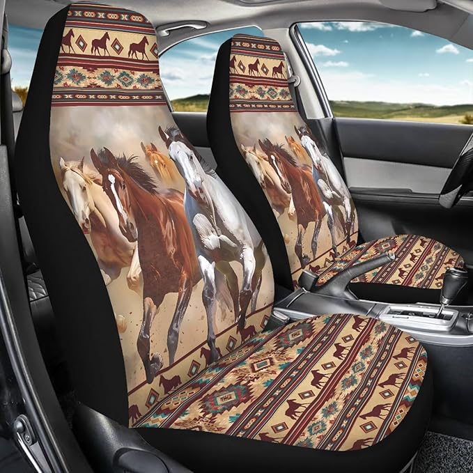 Car Seat Covers Waterproof Western Horse Aztec Front Seat Covers 2 PCS Removable Automotive Interior Accessories for Women Men Universal Fit Most Cars,SUV, Trucks