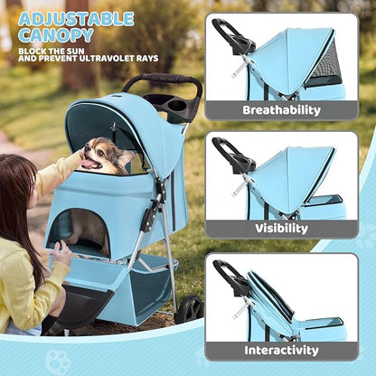 Magshion 3-Wheel Pet Stroller, Foldable Travel Jogger for Small & Medium Dogs & Cats (Up to 33lbs), Lightweight Carrier with Breathable Mesh Cover, Cup Holder & Storage Basket, Mint Green