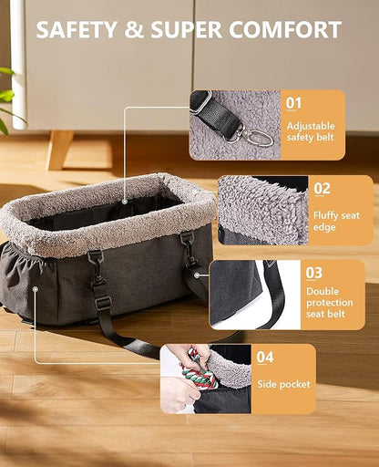 BurgeonNest Center Console Dog Car Seat for Small Dogs up to 9lbs - Sturdy Metal Frame Anti-Collapse Pet Booster Seat for Car Armrest, Dual Safety Belts & Washable Cushion, Grey