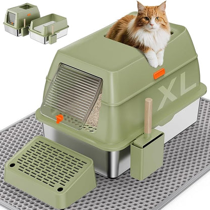 Removable Stainless Steel Cat Litter Box with lid, Front & Top Entry Kitty LitterBox，Cat Litter Box Enclosure, XL Extra Large High-Sided Metal Cat Box with Scoop,Mat,Footboard (Green)
