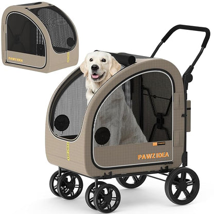 PAWZIDEA 3-in-1 Large Dog Stroller with Detachable Carrier up 100lbs, Foldable Dog Crate for Car Travel, All-Terrain Pet Stroller for 2 Medium Dogs, Jogger Wheels, Adjustable Handle, Stroage Organizer