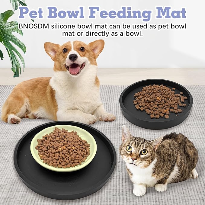 BNOSDM 2 PCS Dog Feeding Mat Black Silicone Pet Food Mats Waterproof for Dog Cat Bowl Placemats Nonslip Cat Food Mat for Small and Medium Cats and Dogs (9.1in)