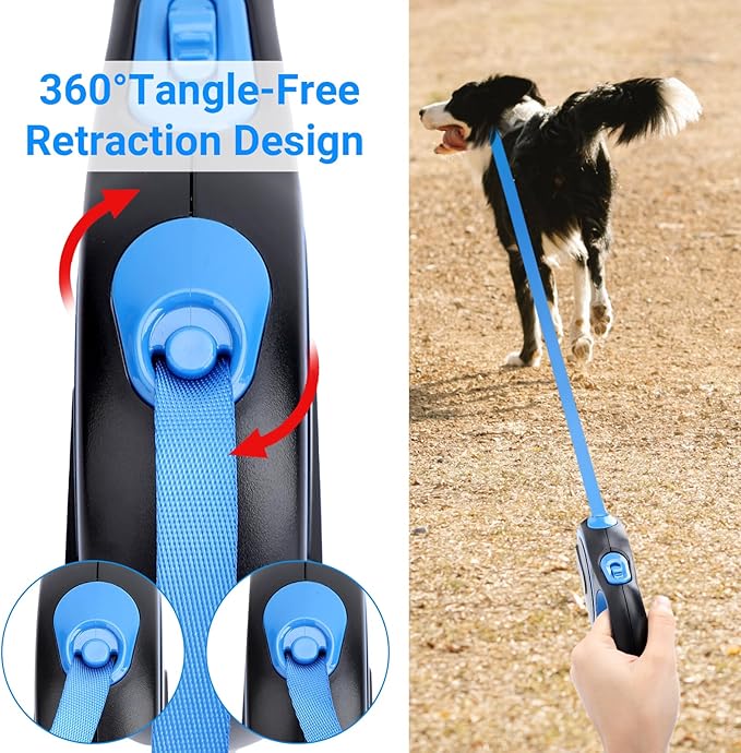 Segarty Dog Leash Retractable, 16ft Heavy Duty Walking Dog Leash for Medium Small Dogs up to 44lb, Anti-Slip Handle 360°Tangle-Free Nylon Tape, One-Handed One Button Lock and Release (Blue)