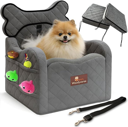Yara’s Woofyverse Dog Seat for Car – Booster Seat for Small & Medium Dogs with Adjustable Cushions, Fur-Lined Headrest & 6-Pocket Storage – Portable Pet Car Seat for Front/Back Travel – Stone Shadow