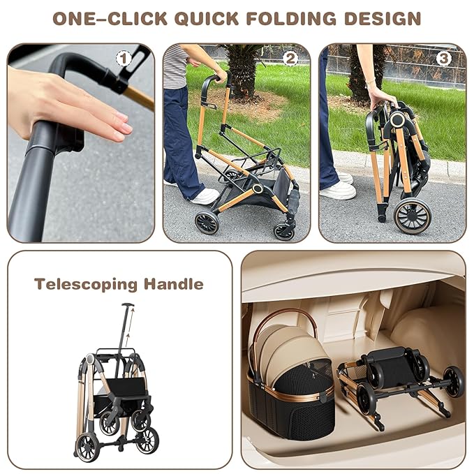 4 Wheels Pet Stroller for Small Medium Dogs Cats Up to 45 lbs Folding Dog Stroller with Detachable Breathable Carrier Suitable for Car Seat, Hand Carry & Travel, All Terrain, 3 in 1 Multifunctional