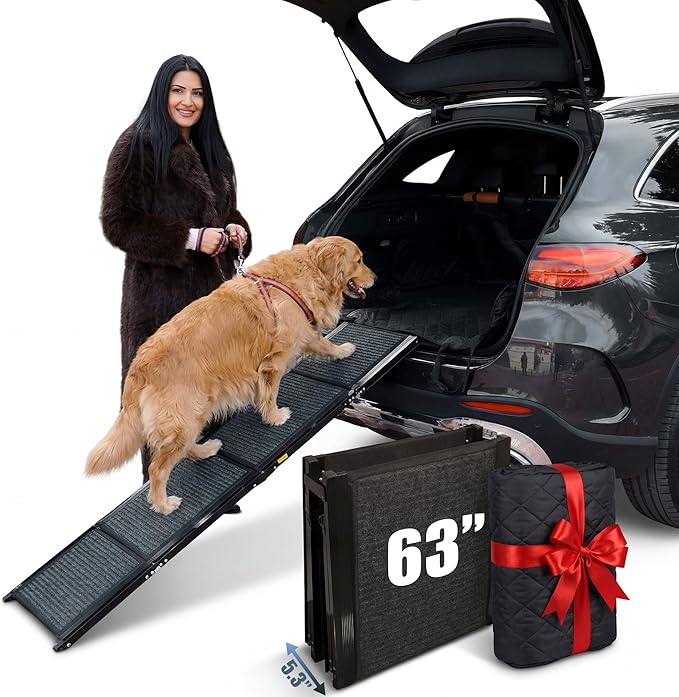Dog Ramp for Car Travel Bundle – 63” Foldable Non-Slip Dog Ramp + Waterproof Back Seat Cover + 15 Poop Bags – Complete Pet Travel Set for SUV, Truck & Car – Safe Access, Clean Seats, Easy Trips