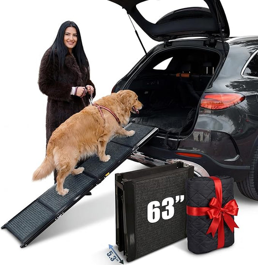 Dog Ramp for Car Travel Bundle – 63” Foldable Non-Slip Dog Ramp + Waterproof Back Seat Cover + 15 Poop Bags – Complete Pet Travel Set for SUV, Truck & Car – Safe Access, Clean Seats, Easy Trips