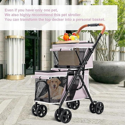 Double Pet Stroller for Dogs and Cats, One-Hand Folding Dog Stroller Travel Carriage for Small Medium Dogs Cats, 4 Wheels, Pink