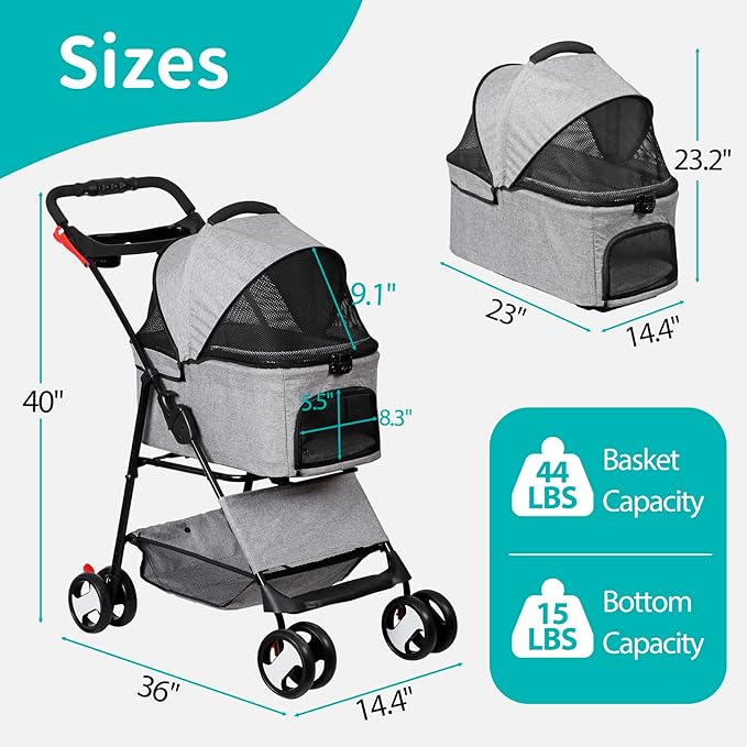 Pet Stroller 4 Wheels Dog Cat Stroller, Detachable Carrier Travel Folding Carrier for Small Medium Dog Cats (Grey)