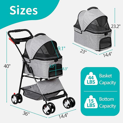 Pet Stroller 4 Wheels Dog Cat Stroller, Detachable Carrier Travel Folding Carrier for Small Medium Dog Cats (Grey)