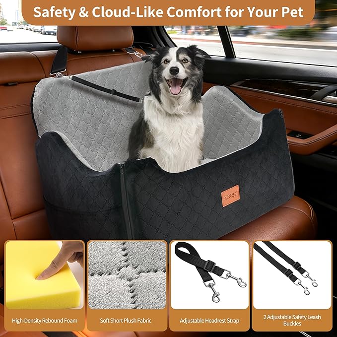 XEEP Dog Car Seat for Medium/Large Dogs Up to 55 lbs – Dog Booster Seat with Memory Foam, 2 Height-Adjust Cushions Bonus Urine Pad & Blanket Safety Leashes, Removable Washable Cover (Black/Grey)