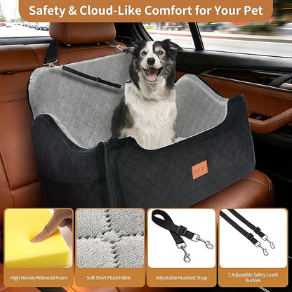 XEEP Dog Car Seat for Medium/Large Dogs Up to 55 lbs – Dog Booster Seat with Memory Foam, 2 Height-Adjust Cushions Bonus Urine Pad & Blanket Safety Leashes, Removable Washable Cover (Black/Grey)