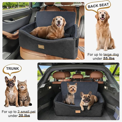Dog Car Seat for Large Medium Sized Dogs Under 55 lbs, Dog Booster Seat for 2 Small Dogs with Detachable Washable Cover and Cushion, Memory Foam Pet Car Seat with 2 Safety Belts and Storage Pockets