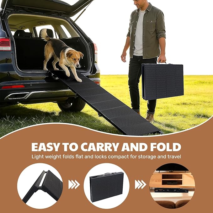 71" Extra Long Dog Ramp for Large Dogs, Heavy Duty Metal Frame Pet Ramp for High SUVs, Trucks and Cars, Portable Folding Travel Dog Ramps with Safety Latch, Supports up to 350lbs