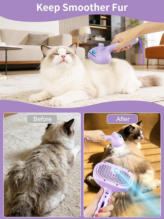 Dog Cat Steam Brush With UV Light, 3 in 1 Release Button Self-Cleaning Grooming Brush for Pets Cats Dogs, Hair Massaging Shedding for Small Animals Long Short Haired - Purple