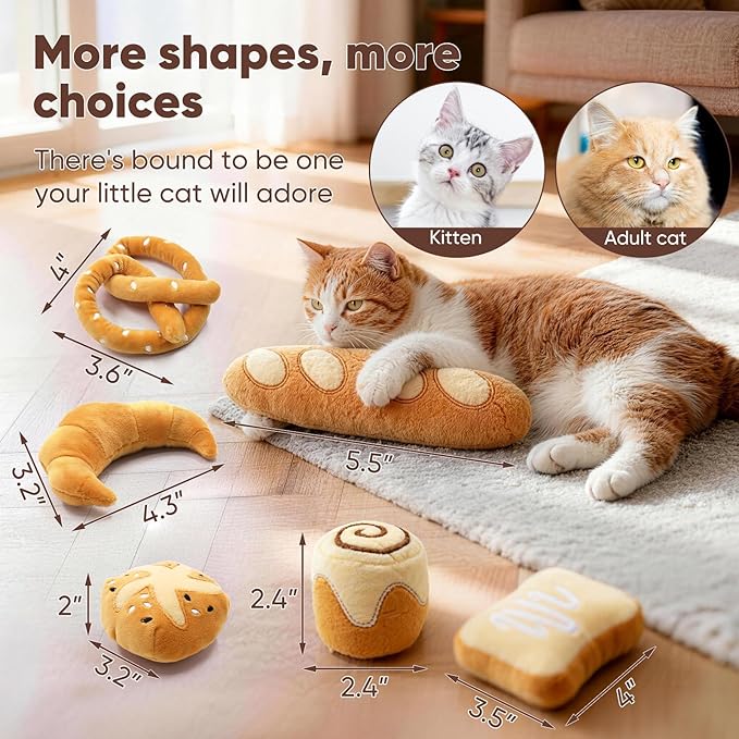 CiyvoLyeen Bread Catnip Toys, Cat Toy for Indoor Interactive Toys, Kitten Chew Bite Kick Toy Baguette Croissant Pretzel Toast Bun Cinnamon Roll Plush Catmint Pet Birthday Presents 6 Pack