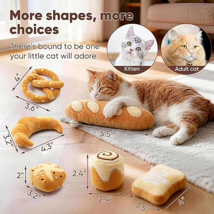CiyvoLyeen Bread Catnip Toys, Cat Toy for Indoor Interactive Toys, Kitten Chew Bite Kick Toy Baguette Croissant Pretzel Toast Bun Cinnamon Roll Plush Catmint Pet Birthday Presents 6 Pack