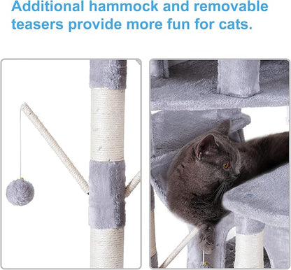 Hey-brother Cat Tree, 71 inches XL Large Cat Tower for Indoor Cats, Multi-Level Cat House with 3 Padded Perches, Big Scratcher, Cozy Basket, 2 Cat Condos and Scratching Posts, Light Gray MPJ034W