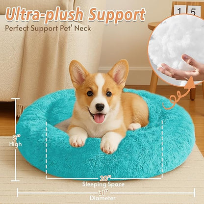 JOLLYVOGUE Calming Dog Bed Medium Size Dog, 31in Donut Washable Medium Pet Bed, Anti-Slip & Anti-Anxiety Fluffy Faux Fur Round Dogs Bed, Fits up to 45 lbs Pets (Aqua Blue)