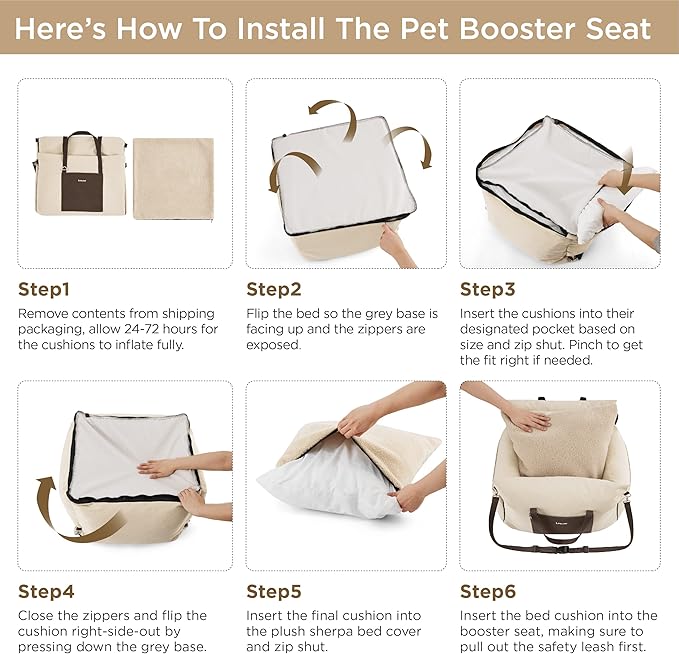 Lesure Small Dog Car Seat for Small Dogs - Dog Booster Seat for Car with Waterproof Bottom, Clip-On Safety Leash and Thickened Memory Foam Filling, Pet Carseat Puppy Travel Carrier Bed, Beige