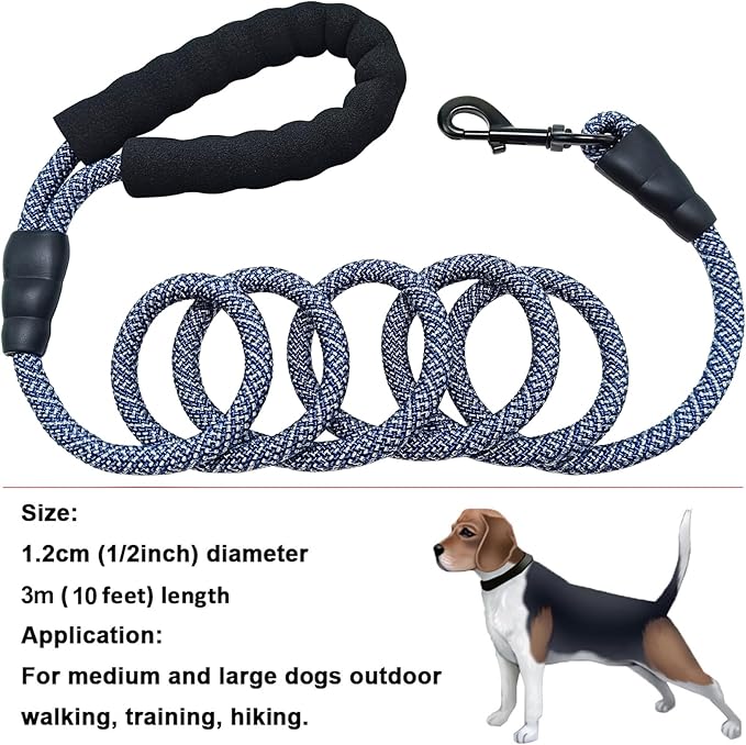 MayPaw Heavy Duty Rope Dog Leash, 3/4/5/6/7/8/10/12/15 FT Nylon Pet Leash, Soft Padded Handle Thick Lead Leashes for Large Medium Dogs (Navy, 1/2" * 10')