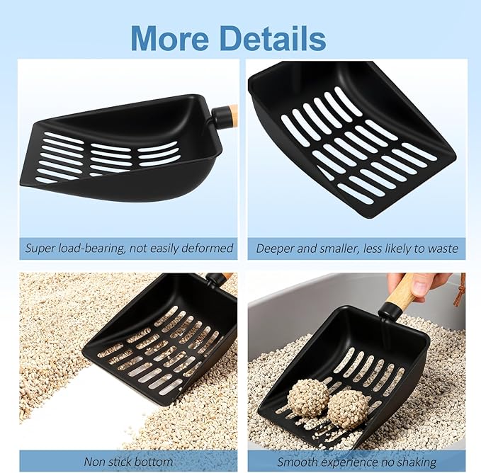 Cat Litter Scoop, Metal Litter Scoop, Heavy Duty Metal Cat Scooper for Litter Box, Black Sifter Scoop for Pellets, Wooden Handle Scoop with Hole, Kitty Necessity (Long)