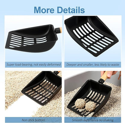 Cat Litter Scoop, Metal Litter Scoop, Heavy Duty Metal Cat Scooper for Litter Box, Black Sifter Scoop for Pellets, Wooden Handle Scoop with Hole, Kitty Necessity (Long)