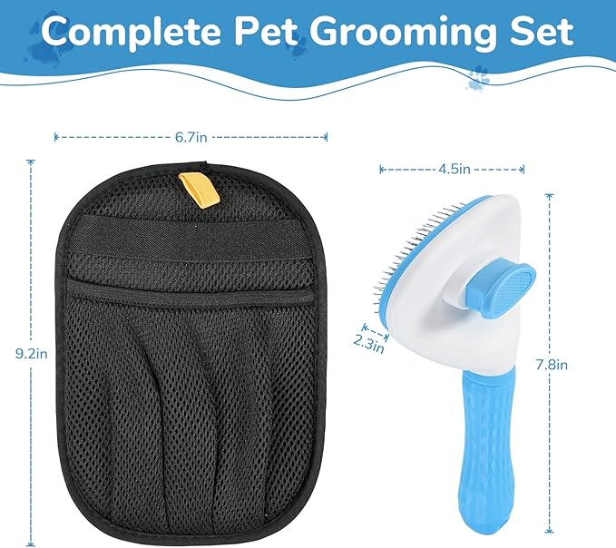 Pet Hair Removal Glove & Brush Set – Self-Cleaning Slicker Deshedding Brush and Reusable Hair Removal Glove for Dogs, and Cats, Gentle Grooming Tool for Long & Short Haired Pets