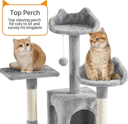 Yaheetech XL Cat Tree, 72in Multi-Level Cat Tower with 2 Cozy Caves, 3 Soft Perches, Scratching Posts, Board, and Dangling Ball, Pet Furniture Play House for Kittens/Cats, Light Gray