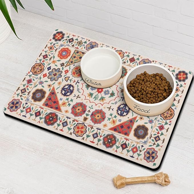 Moroccan Trellis Dog Food & Water Mat, Boho Colorful Vintage Pet Feeding Mat for Floor Non-Slip Waterproof, Super Absorbent Cat Bowl Mat, Easy to Clean Durable Pet Placemat,16" × 24"