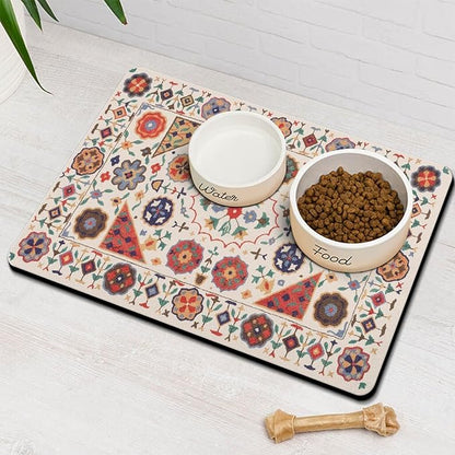 Moroccan Trellis Dog Food & Water Mat, Boho Colorful Vintage Pet Feeding Mat for Floor Non-Slip Waterproof, Super Absorbent Cat Bowl Mat, Easy to Clean Durable Pet Placemat,16" × 24"