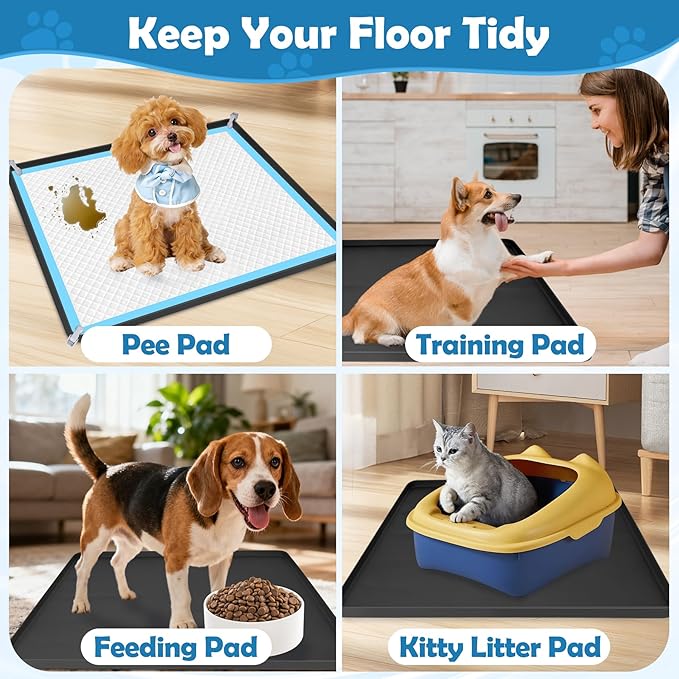 Dog Pee Pad Holder, 2 Pack Dog Potty Tray Silicone Puppy Pad Holder Tray Fits for 24" x 24" Training Pads, Puppy Potty Tray with 8 Clamps No Spill Raised Lip High Edge for Floor Protection (Black)