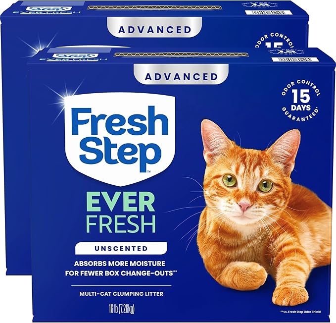 Fresh Step Advanced Ever Fresh Multi Cat Clumping Cat Litter, Unscented, Low Dust, Odor Control with Ammonia Block Tech, Compatible in Automatic Litter Boxes, 32 lb. (2 x 16 lb.)