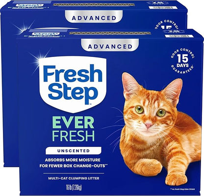 Fresh Step Advanced Ever Fresh Multi Cat Clumping Cat Litter, Unscented, Low Dust, Odor Control with Ammonia Block Tech, Compatible in Automatic Litter Boxes, 32 lb. (2 x 16 lb.)