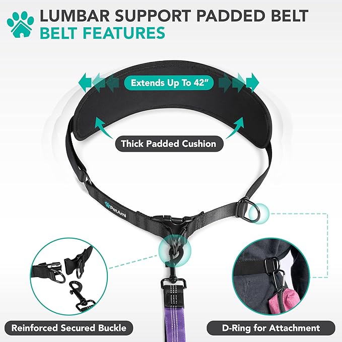 PetAmi Heavy Duty Hands Free Dog Leash, Adjustable Waist Belt for Large Dog Walking Up to 125 lbs, Bungee Leash for Pet Running, Hiking, Reflective Safety for Jogging, Biking, Purple Handle