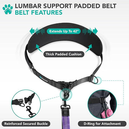 PetAmi Heavy Duty Hands Free Dog Leash, Adjustable Waist Belt for Large Dog Walking Up to 125 lbs, Bungee Leash for Pet Running, Hiking, Reflective Safety for Jogging, Biking, Purple Handle