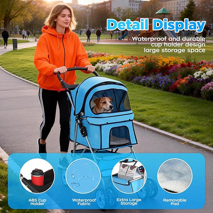 BestOffice Pet Stroller for Small Medium Dogs & Cats, 4-Wheel Foldable Dog Stroller with Cup Holder, Lightweight Travel Carrier, Waterproof Design for Outdoor Walks, Blue