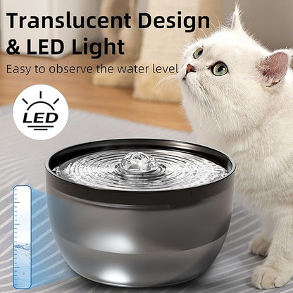 Casfuy W8 Quiet Stainless Steel Dog & Cat Water Fountain with LED Light, Black, 102-oz