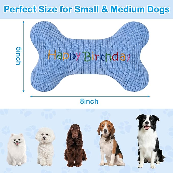2026 Birthday Squeaky Dog Toys, Embroidered Bone Shape Blue Corduroy Pet Pillow 8"x5", Soft Cotton Filled Cute Fun Dog Chew Puzzle Toy Birthday Gifts for Small Medium Dogs(Happy Birthday)
